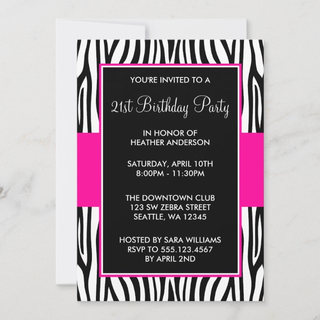 Hot Pink Zebra 21st Birthday Party Invitation (Front)