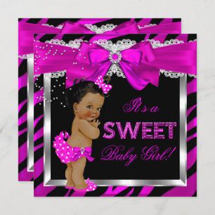 Hot Pink Zebra Baby Shower Girl African American Invitation