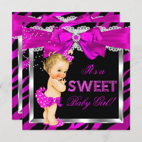 Hot Pink Zebra Baby Shower Girl Blonde Baby Invitation