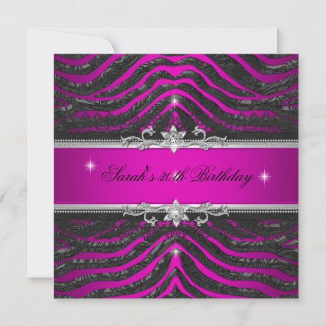 Hot Pink Zebra Black Silver 30th Birthday Party Invitation (Front)
