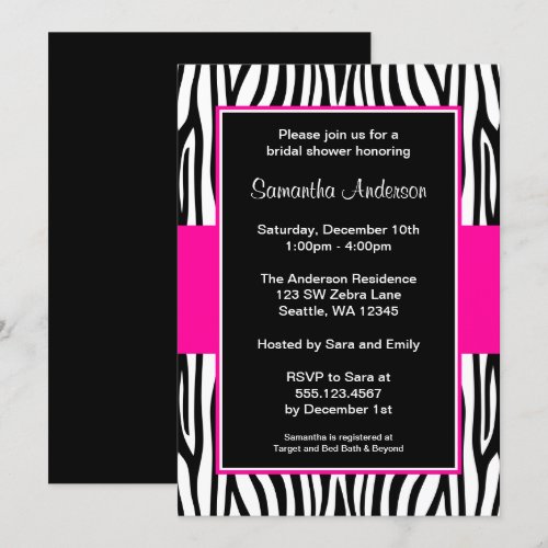 Hot Pink Zebra Bridal Shower Custom Invite