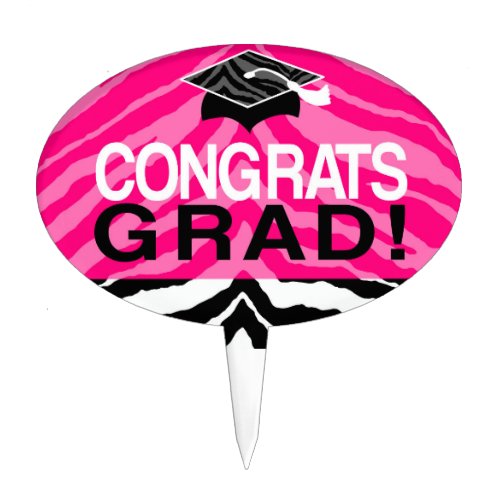 Hot Pink Zebra Congrats Girls Graduation Party Cake Topper