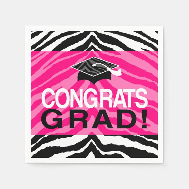 Hot Pink Zebra Congrats Girl's Graduation Party Napkin