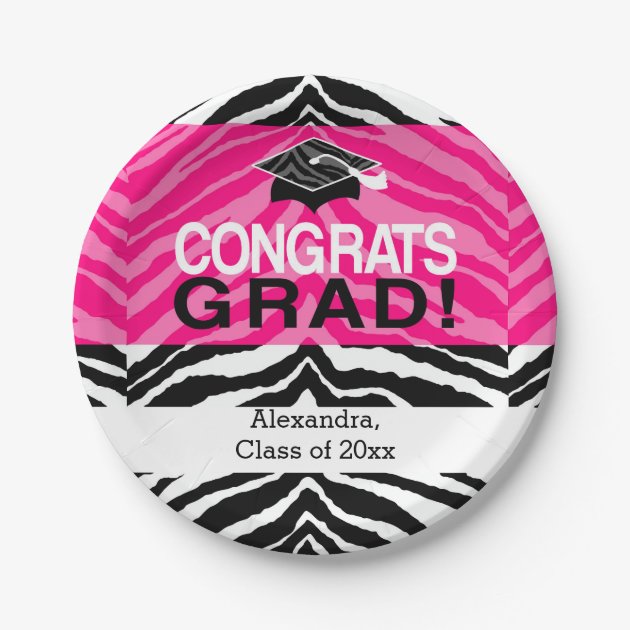 Hot Pink Zebra Congrats Girl's Graduation Party Paper Plate