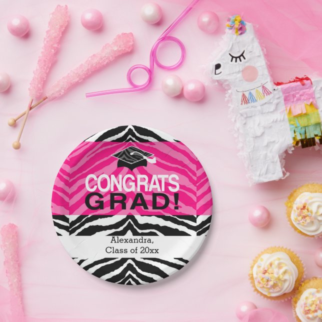 Hot Pink Zebra Congrats Girl's Graduation Party Paper Plates (Party)