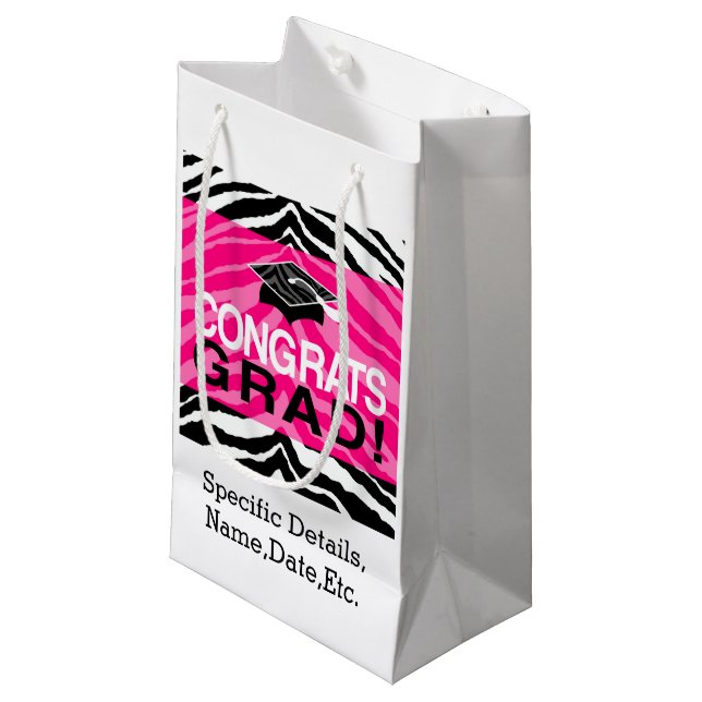 Hot Pink Zebra Congrats Girl's Graduation Party Small Gift Bag (Front Angled)