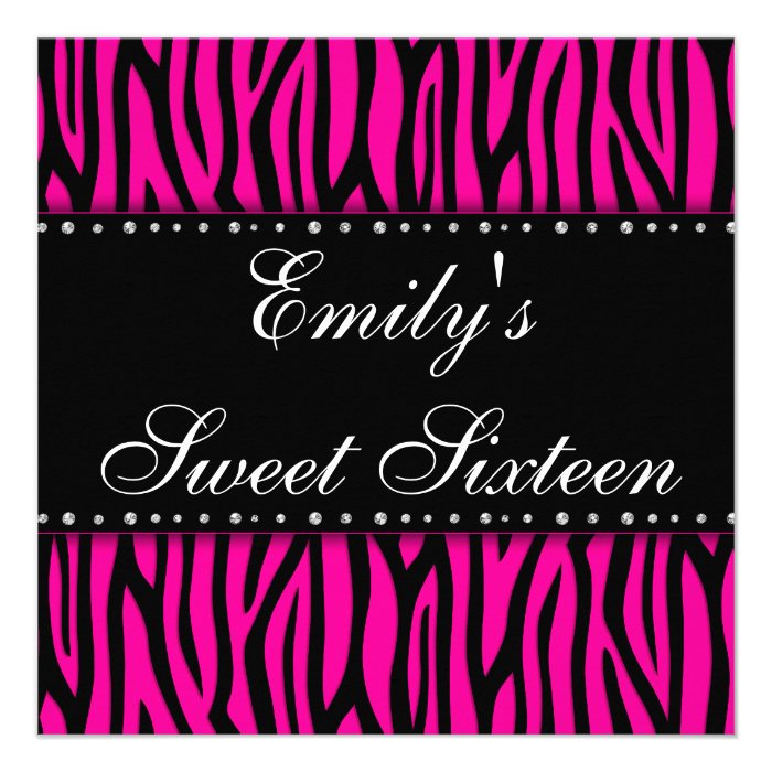 Hot Pink Zebra Diamonds Sweet 16 Birthday Custom Announcement