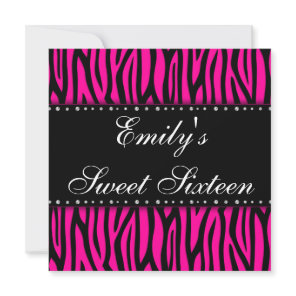 Hot Pink Zebra Diamonds Sweet 16 Birthday Invitation