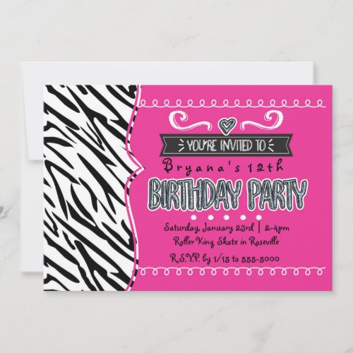 Hot Pink  Zebra Girls Birthday Party Invitations