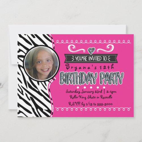 Hot Pink  Zebra Girls Birthday Photo Invitations