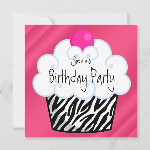Hot Pink Zebra Girls Cupcake Birthday Party Invitation