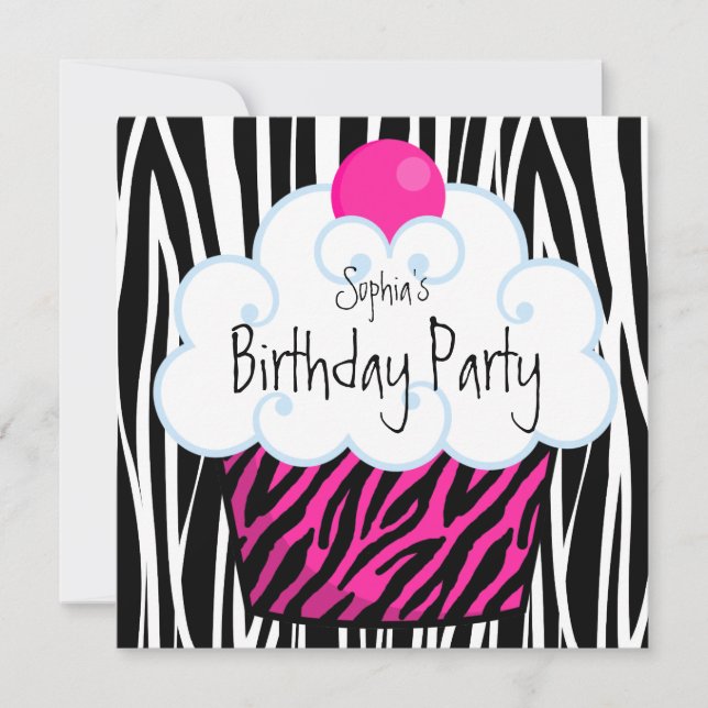 Hot Pink Zebra Girls Cupcake Birthday Party Invitation (Front)