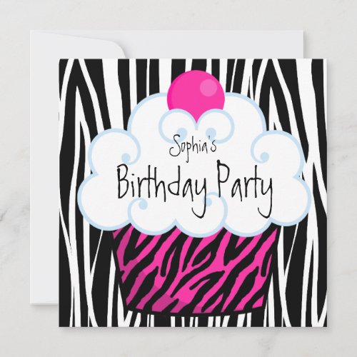 Hot Pink Zebra Girls Cupcake Birthday Party Announcements