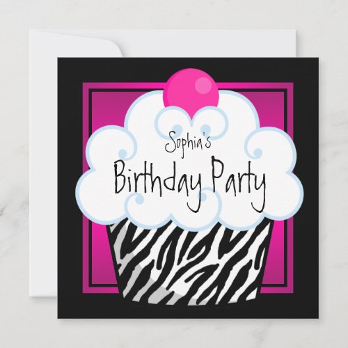 Hot Pink Zebra Girls Cupcake Birthday Party Custom Announcements