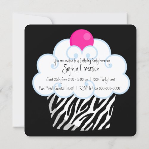 Hot Pink Zebra Girls Cupcake Birthday Party Personalized Announcement