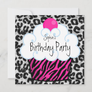 Hot Pink Zebra Girls Cupcake Birthday Party Invitation