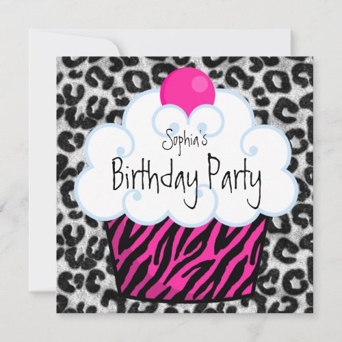 Hot Pink Zebra Girls Cupcake Birthday Party Custom Invitations