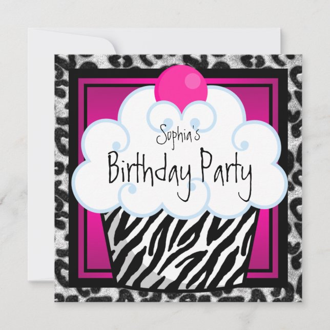 Hot Pink Zebra Girls Cupcake Birthday Party Invitation (Front)