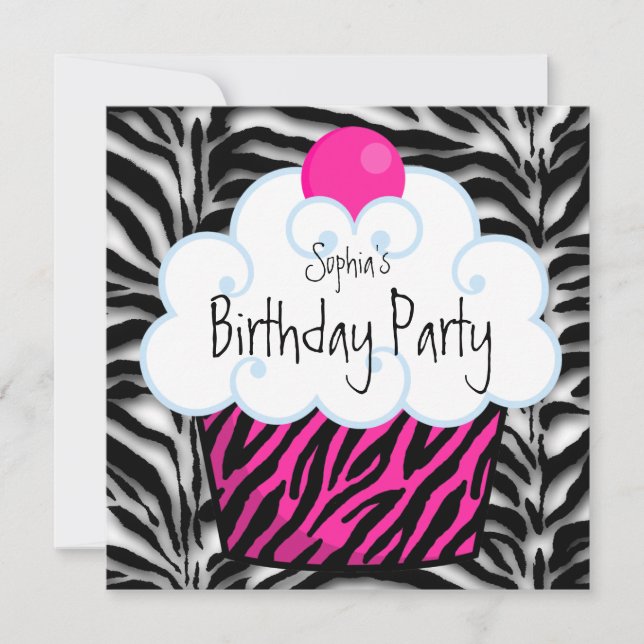 Hot Pink Zebra Girls Cupcake Birthday Party Invitation (Front)