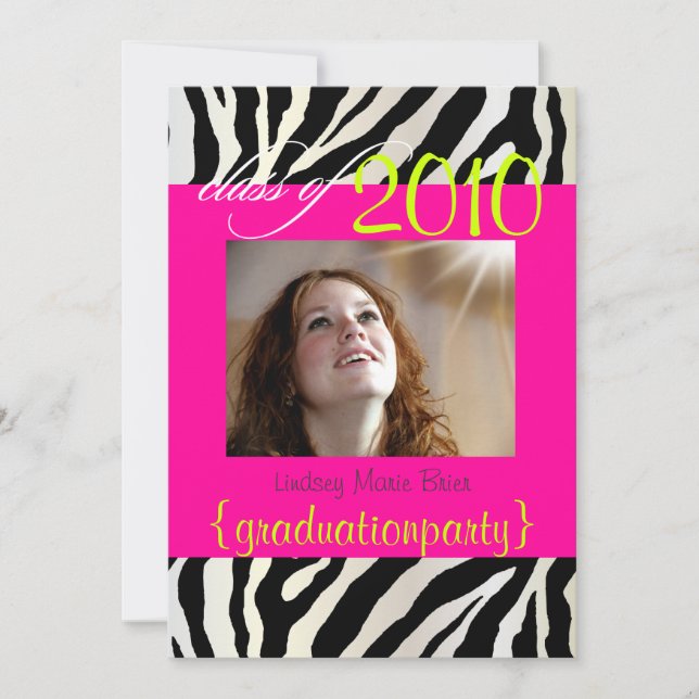 Hot Pink Zebra Graduation Photo Invitation (Front)