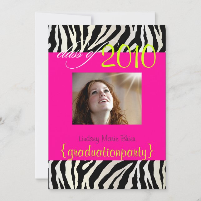 Hot Pink Zebra Graduation Photo Invitation (Front)