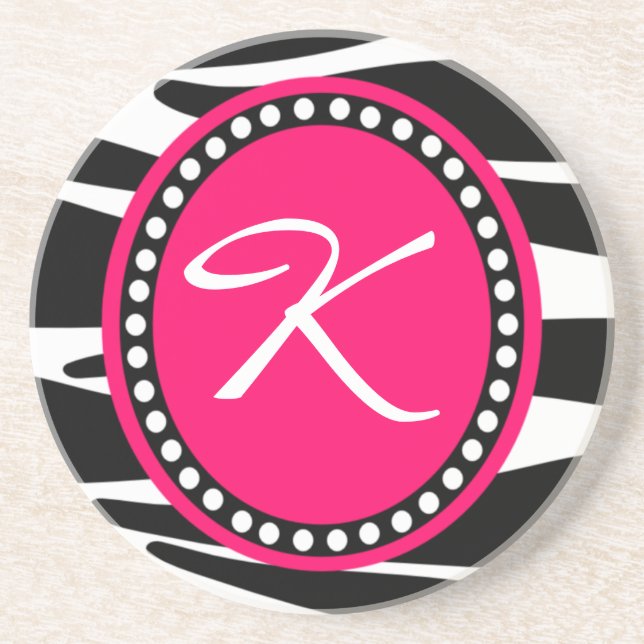 Hot Pink Zebra Monogrammed Initial (Sample) Drink Coaster (Front)