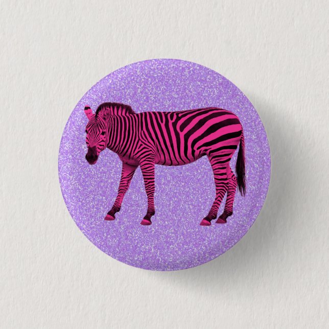 Hot Pink Zebra on Purple Sparkles Button (Front)