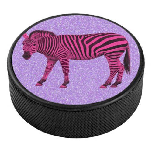 Hot Pink Zebra on Purple Sparkles Hockey Puck