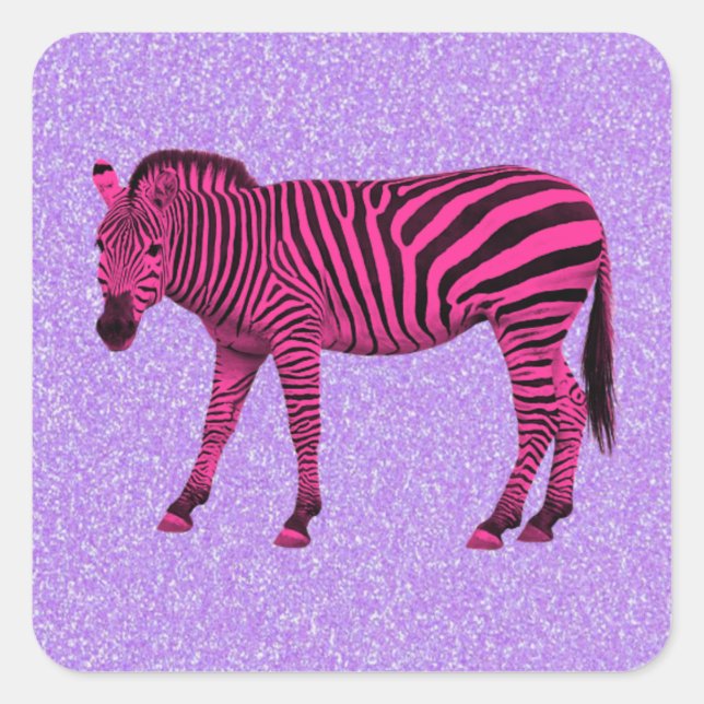 Hot Pink Zebra on Purple Sparkles Square Sticker (Front)