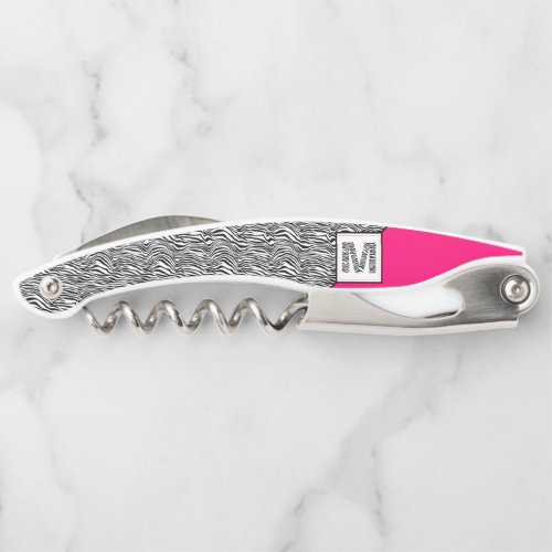 Hot Pink Zebra Pattern Monogram  Black  White Waiters Corkscrew