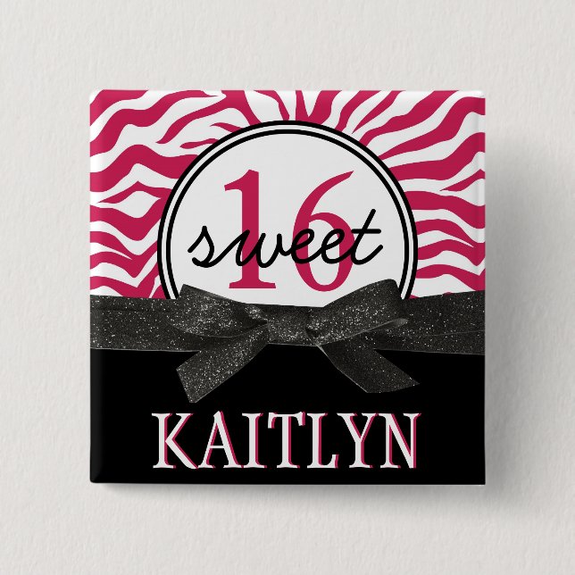 Hot Pink zebra Personalized Sweet 16 Button (Front)