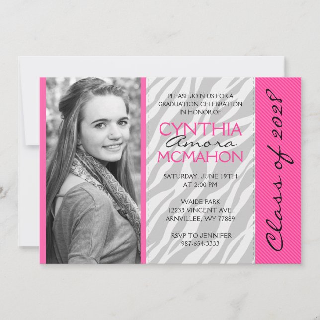 Hot Pink & Zebra Photo Graduation Invitation (Front)