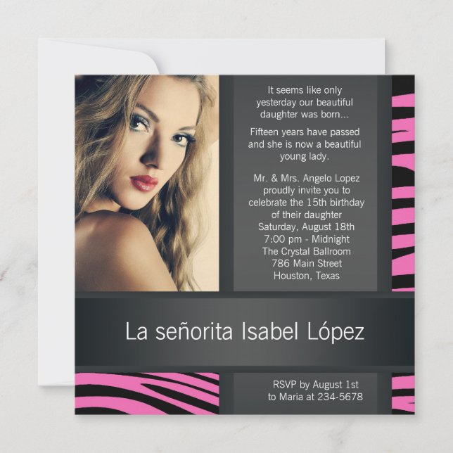 Hot Pink Zebra Photo Quinceanera Invitations (Front)
