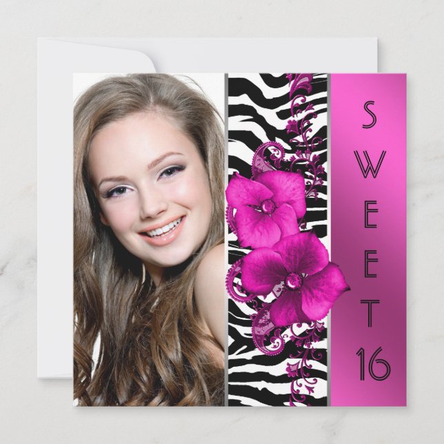 Hot Pink Zebra Photo Sweet 16 Birthday Party Invitation (Front)