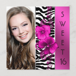 Hot Pink Zebra Photo Sweet 16 Birthday Party Invitation