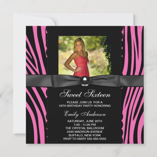 Hot Pink Zebra Photo Sweet 16 Party Invitation (Front)