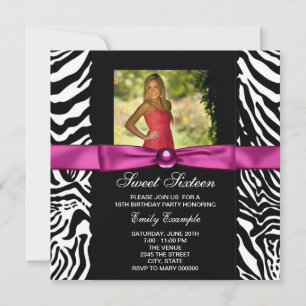 Hot Pink Zebra Photo Sweet 16 Party Invitation