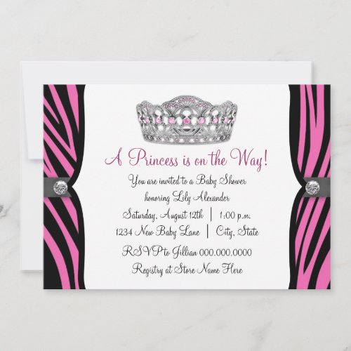Hot Pink Zebra Princess Pink Black Baby Shower Personalized Invites