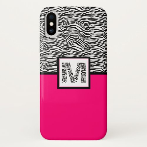 Hot Pink Zebra Print Black and White Monogram iPhone X Case