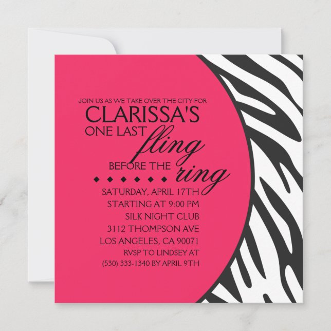 Hot Pink Zebra Print Custom Bachelorette Party Invitation (Front)