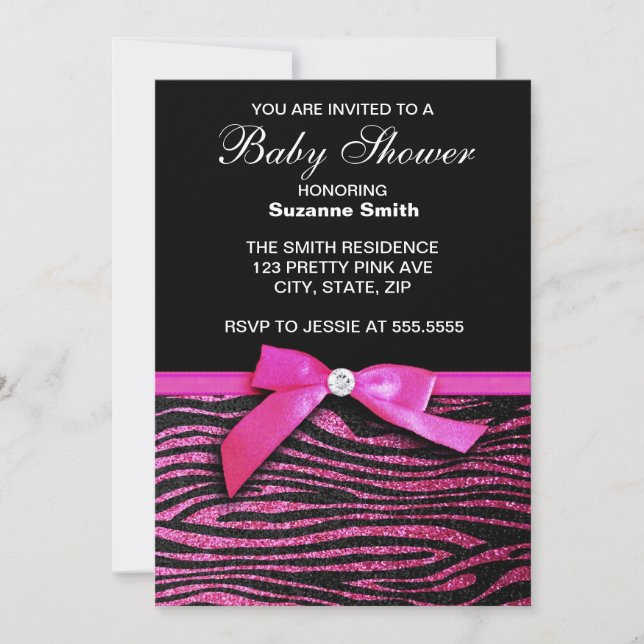 Hot Pink Zebra Print Girl Baby Shower invitations (Front)