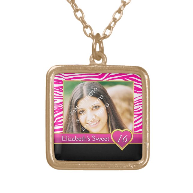 Hot pink zebra print glam Sweet Sixteen birthday Gold Plated Necklace (Front)