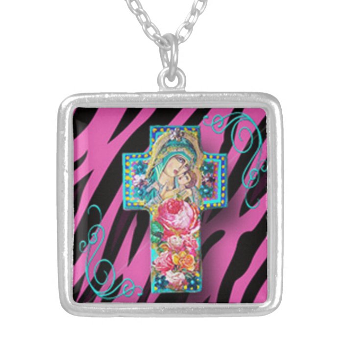 Hot Pink Zebra Print Madonna & Child Cross pendant