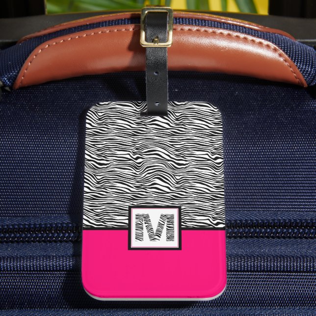 Hot Pink 🦓 Zebra Print Monogram Luggage Tag (Front Insitu 2)
