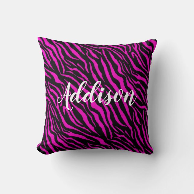 Hot Pink Zebra Print Name Throw Pillow  (Front)