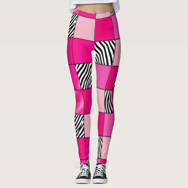 Hot Pink Zebra Print Patchwork Leggings (Front)