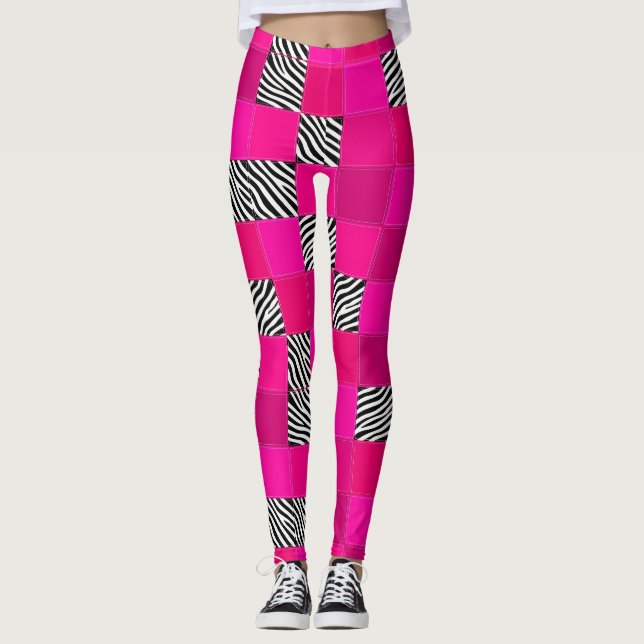 Hot Pink Zebra Print Patchwork Leggings (Front)