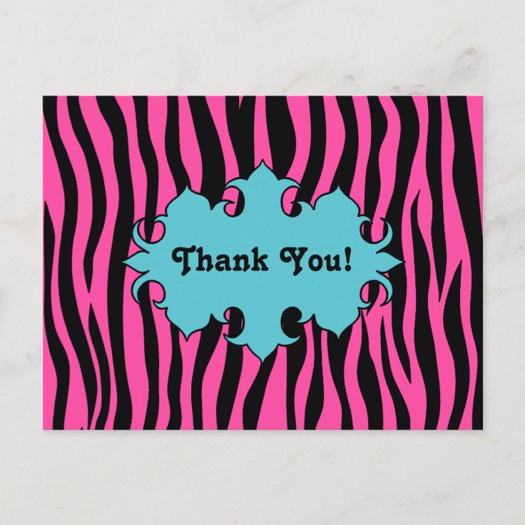 Hot pink zebra print with blue banner thank you postcard Zazzle