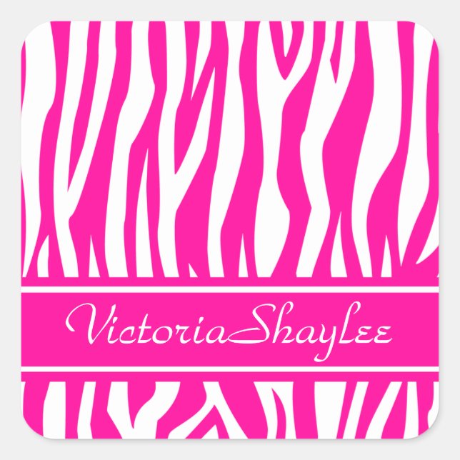 Hot Pink Zebra Print with custom text Square Sticker (Front)