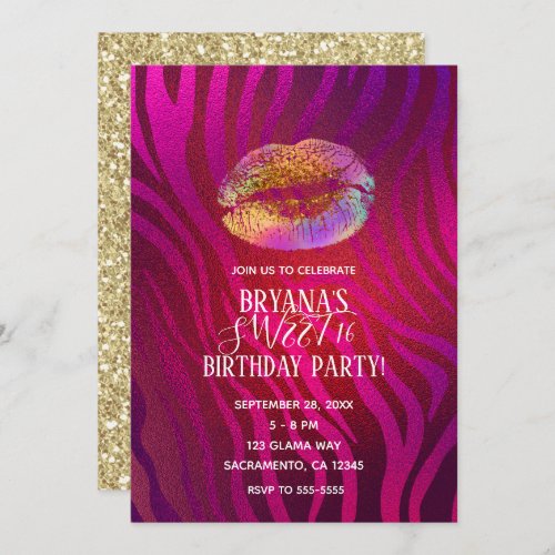 Hot Pink Zebra Rainbow Gold Glitter Lips Party Invitation